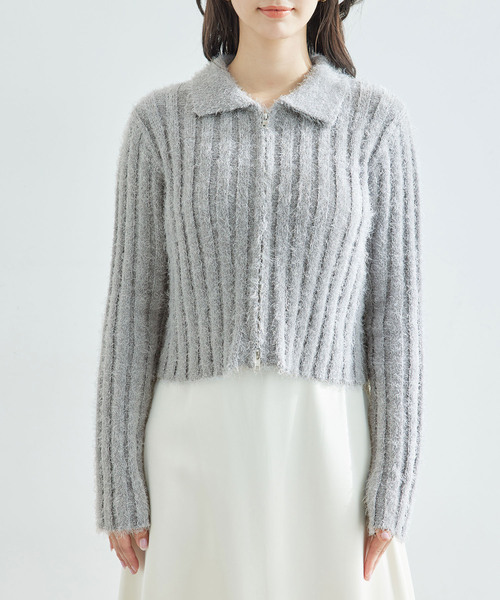 ROPE' PICNIC（ロペピクニック）の「【一部店舗限定】ラメフェザー衿付ジップカーディガン（カーディガン/ボレロ・レディース・チャコールグレー/グレー/キナリ・38）」の6枚目の写真
