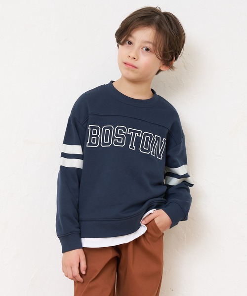 coca（coca）（コカ）の「キッズ 裏毛レイヤード風フットボールトップス（スウェット・キッズ・ネイビー/グレイッシュベージュ・110/120/130/140）」の4枚目の写真