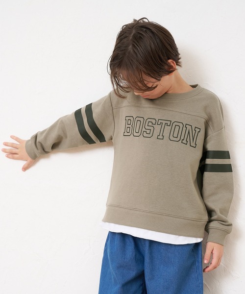 coca（coca）（コカ）の「キッズ 裏毛レイヤード風フットボールトップス（スウェット・キッズ・ネイビー/グレイッシュベージュ・110/120/130/140）」の3枚目の写真