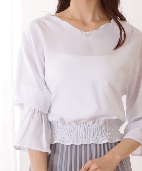 Lace Ladies(レースレディース)の「キャンディスリーブ 2WAY スカラップ ギャザー ブラウス(シャツ/ブラウス・レディース・ホワイト/ネイビー/ブルーグレー/ブラック・S/FREE)」の1枚目の写真