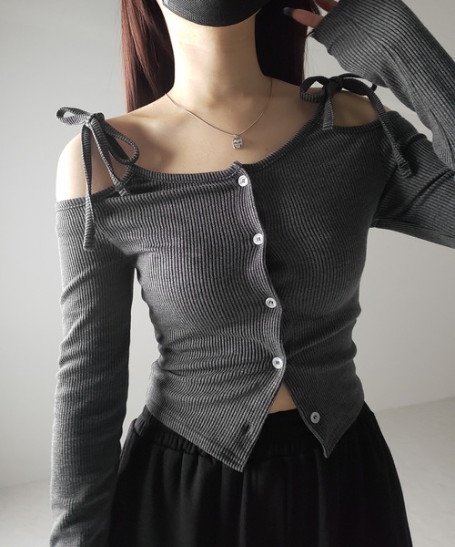 me+em select（ミームセレクト）の「【 ２WAY 】ダブルリボンオフショルダーリブショートカーディガン（Tシャツ/カットソー・レディース・チャコール/ホワイト/ブラック・FREE）」の21枚目の写真