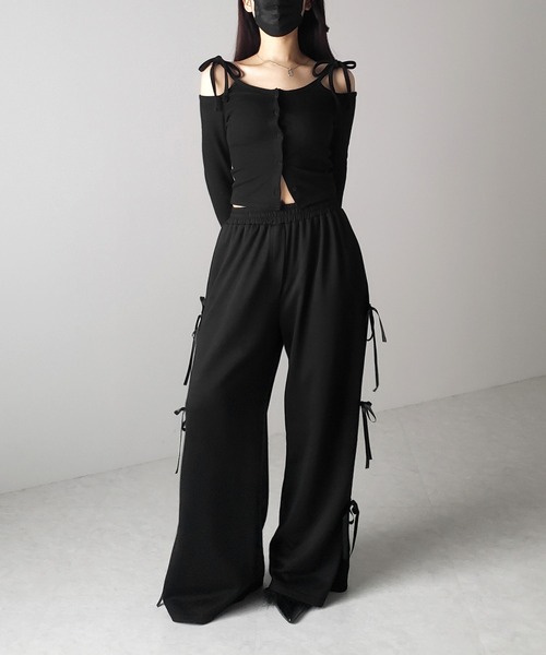 me+em select（ミームセレクト）の「【 ２WAY 】ダブルリボンオフショルダーリブショートカーディガン（Tシャツ/カットソー・レディース・チャコール/ホワイト/ブラック・FREE）」の9枚目の写真