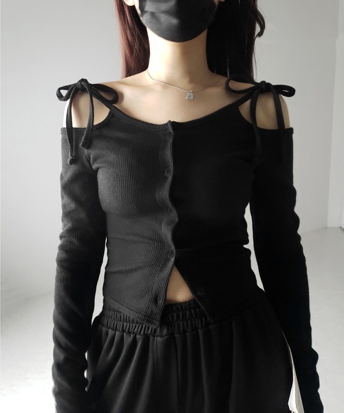 me+em select（ミームセレクト）の「【 ２WAY 】ダブルリボンオフショルダーリブショートカーディガン（Tシャツ/カットソー・レディース・チャコール/ホワイト/ブラック・FREE）」の11枚目の写真