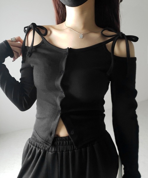 me+em select（ミームセレクト）の「【 ２WAY 】ダブルリボンオフショルダーリブショートカーディガン（Tシャツ/カットソー・レディース・チャコール/ホワイト/ブラック・FREE）」の12枚目の写真