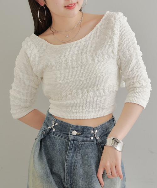 Chico（チコ）の「カットレース5分袖チビT（Tシャツ/カットソー・レディース・ホワイト/ライム/ブルー/ブラック・FREE）」の2枚目の写真