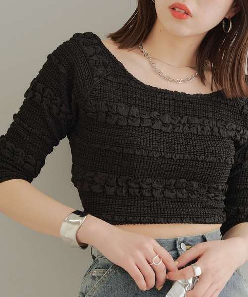 Chico（チコ）の「カットレース5分袖チビT（Tシャツ/カットソー・レディース・ホワイト/ライム/ブルー/ブラック・FREE）」の7枚目の写真