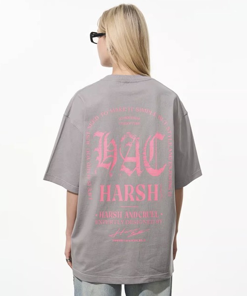 HARSH AND CRUEL フェイクレイヤード 長袖Tシャツ ロゴ トップス フェイクレイヤード Tシャツ 重ね着 ナンバー ロンT オーバー