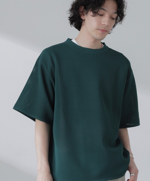 NANO universe(ナノユニバース)の「ポリメッシュリラックスクルーネックニットTシャツ(Tシャツ/カットソー・メンズ・ブラック/グリーン/グレー系その他4/オレンジ・M/L)」の1枚目の写真