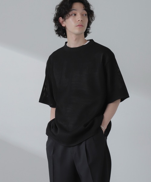 NANO universe(ナノユニバース)の「ポリメッシュリラックスクルーネックニットTシャツ(Tシャツ/カットソー・メンズ・ブラック/グリーン/グレー系その他4/オレンジ・M/L)」の2枚目の写真