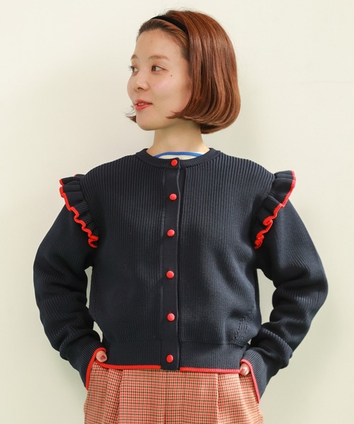 Dot&Stripes CHILD WOMAN(ドットアンドストライプス チャイルドウーマン)の「☆AMOSSAあぜ バイカラー袖フリル クルーネックカーディガン(カーディガン/ボレロ・レディース・ネイビー/レッド/ブラック・FREE)」の10枚目の写真