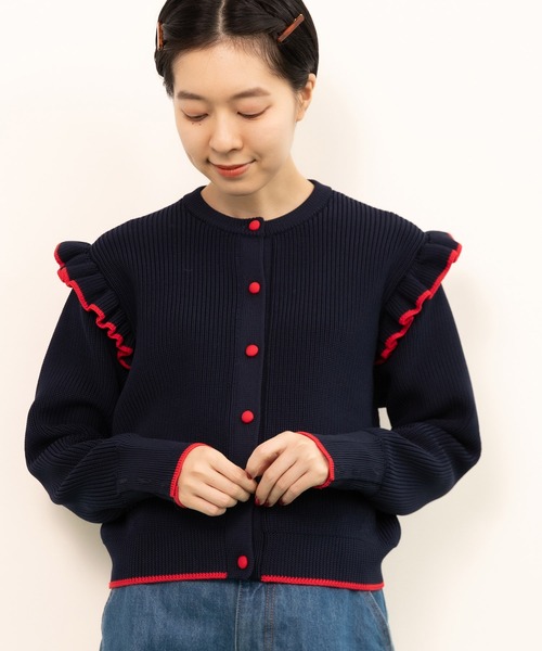 Dot&Stripes CHILD WOMAN(ドットアンドストライプス チャイルドウーマン)の「☆AMOSSAあぜ バイカラー袖フリル クルーネックカーディガン(カーディガン/ボレロ・レディース・ネイビー/レッド/ブラック・FREE)」の4枚目の写真