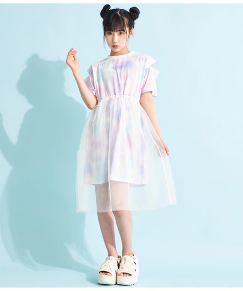 ANAP GiRL(アナップガール)の「チュール重ねタイダイ柄ワンピース(ワンピース・キッズ・ラベンダー/グレー・M/S/XS)」の1枚目の写真