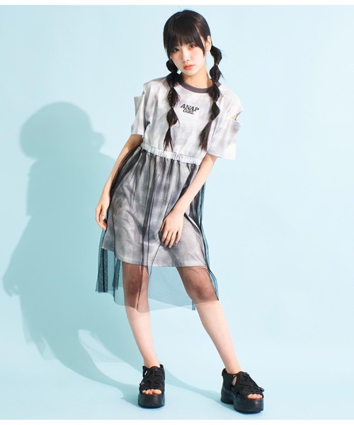 ANAP GiRL(アナップガール)の「チュール重ねタイダイ柄ワンピース(ワンピース・キッズ・ラベンダー/グレー・M/S/XS)」の12枚目の写真