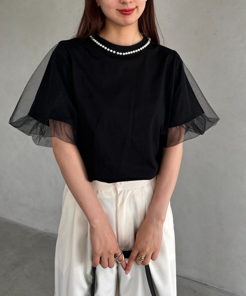 美品 MUVEIL ティアードコットンレースドッキングTシャツ カットソー36 チュールレースドッキングビンテージプリントTシャツ｜WOMEN