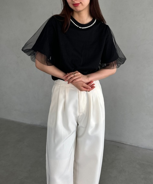 公式通販サイトセール セール】パールドッキング袖チュールTシャツ（Tシャツ トップス
