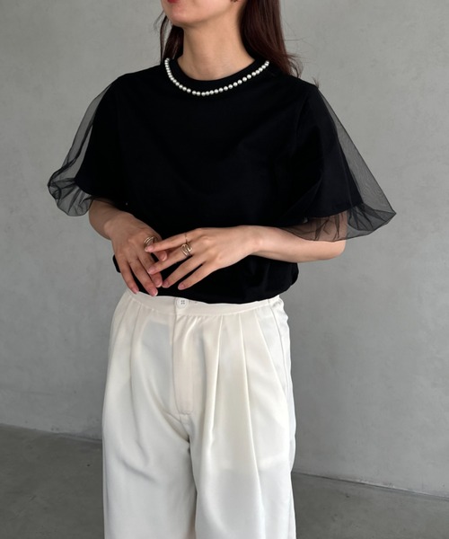 セール】パールドッキング袖チュールTシャツ（Tシャツ