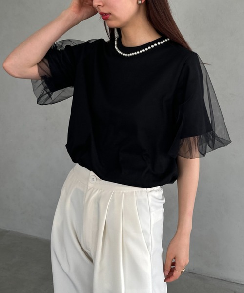 セール】パールドッキング袖チュールTシャツ（Tシャツ