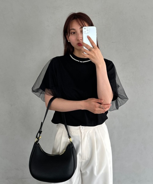 セール】パールドッキング袖チュールTシャツ（Tシャツ