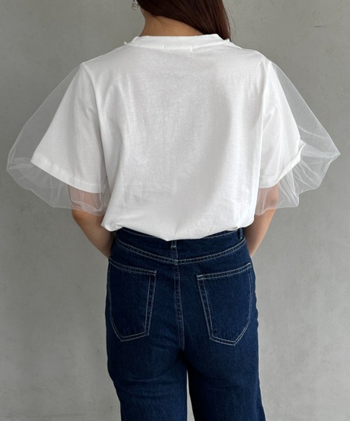 セール】パールドッキング袖チュールTシャツ（Tシャツ