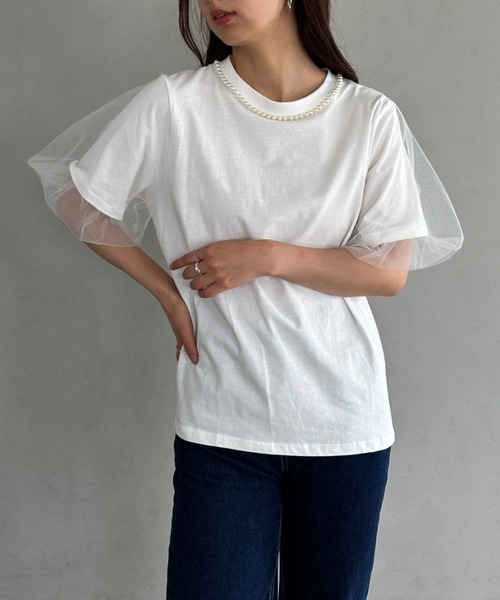 tシャツ パフチュール袖 ドッキングカットソー レディース セール】パールドッキング袖チュールTシャツ（Tシャツ