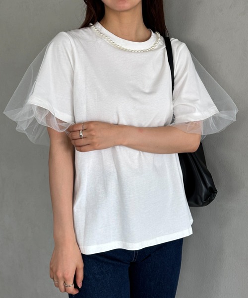 セール】パールドッキング袖チュールTシャツ（Tシャツ