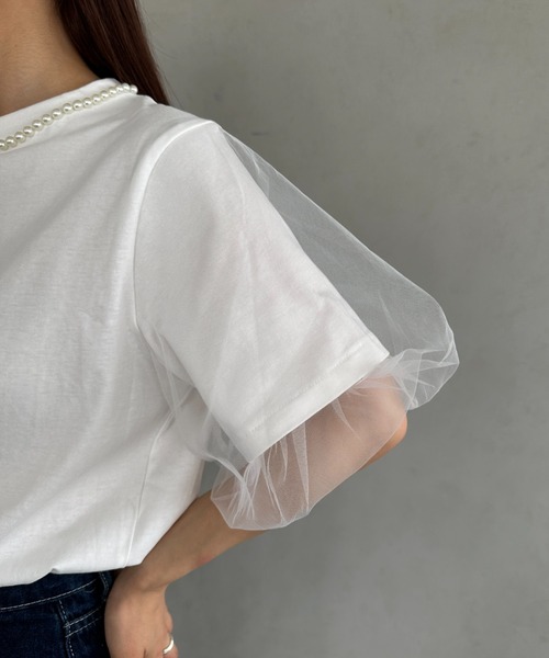 セール】パールドッキング袖チュールTシャツ（Tシャツ