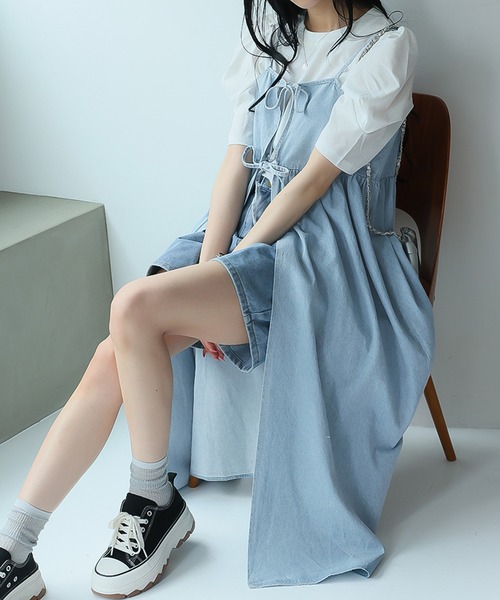 Girly Doll(ガーリードール)の「2WAYリボンキャミワンピース(ワンピース・レディース・サックスブルー/インディゴブルー/ブラック・F)」の1枚目の写真
