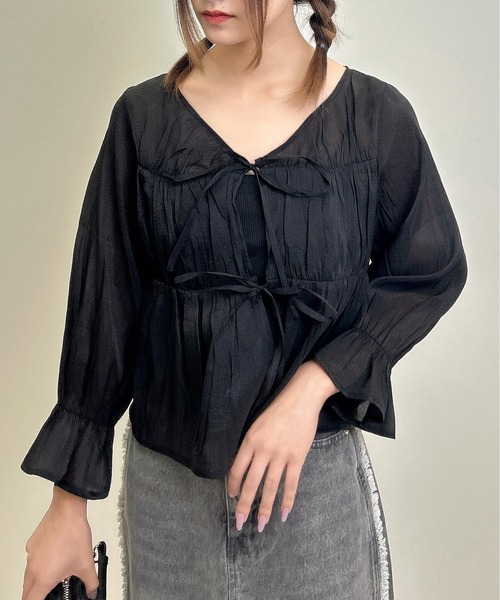 INGNI（イング）の「前リボンシアーブラウス（シャツ/ブラウス・レディース・ピンク/アイボリー/ブルーグレー/ブラック・M）」の9枚目の写真