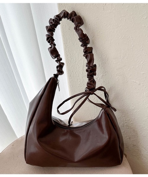 セール】ギャザーハンドルシャーリングリボンフェイクレザーバッグ Y2K