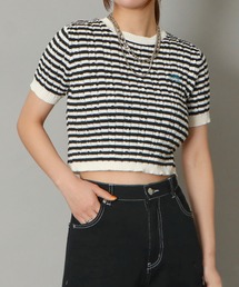 《クロップド丈×ケーブル編み》レディース 半袖ニットプルオーバー コンパクトトップス 春夏秋