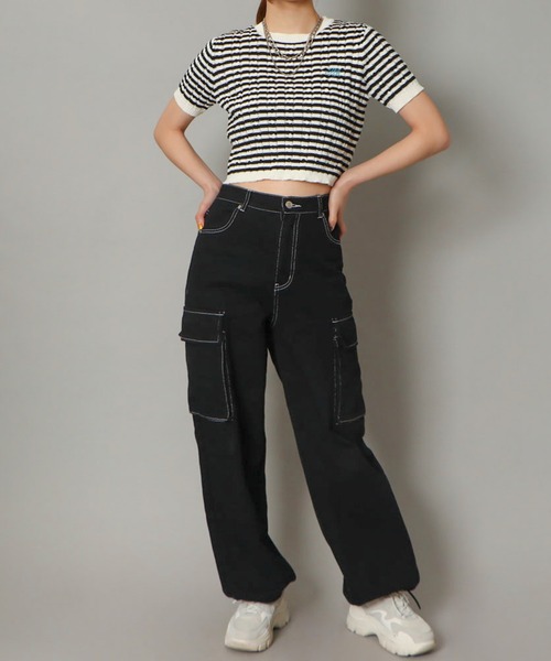 GORGE（ゴージ）の「《クロップド丈×ケーブル編み》レディース 半袖ニットプルオーバー コンパクトトップス 春夏秋（ニット/セーター・レディース・オフホワイト/ネイビー/グレー/ホワイト×ブラック/ピンク・F）」の7枚目の写真