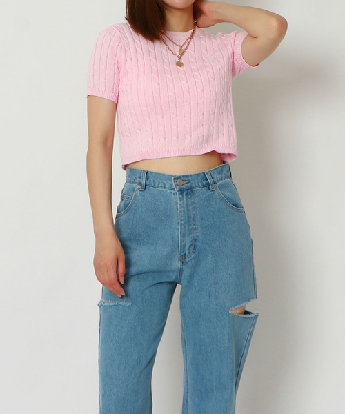 アルチビオ水色 ケーブル編み 半袖セーター 36 アルチビオ 半袖セーター アルチビオ水色 ケーブル編み 半袖