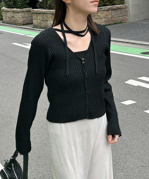 セール】キャミ＆カーディガンドッキング長袖トップス（ニット