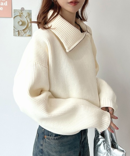Lani ラニ メッシュ編み 裾アシメニットプルオーバー セール】片畦編みアシメZIPプルオーバー（ニット/セーター