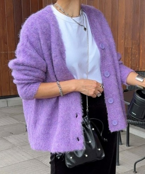 nissen（ニッセン）の「ふんわり袖ミックス調シャギーニットカーディガン（カーディガン/ボレロ・レディース・パープル系/ベージュ系/グリーン系/オレンジ系・S/M/L/LL/3L）」の3枚目の写真