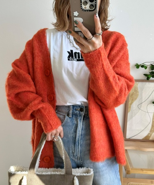 nissen（ニッセン）の「ふんわり袖ミックス調シャギーニットカーディガン（カーディガン/ボレロ・レディース・パープル系/ベージュ系/グリーン系/オレンジ系・S/M/L/LL/3L）」の4枚目の写真