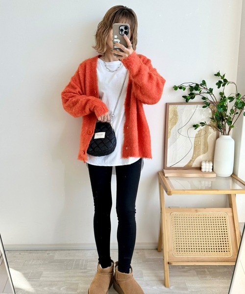 セール】ふんわり袖ミックス調シャギーニットカーディガン