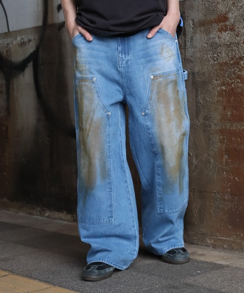 LANDNESS(ランドネス)の「【LANDNESS/ランドネス】13ozヘビーウェイト ダーティーダブルニーワイドデニムパンツ(デニムパンツ・メンズ・ブラック/ブルー/グレー・S/L/M)」の1枚目の写真