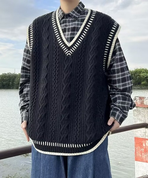 aimoha（アイモハ）の「ユニセックス ニットベスト（ベスト・レディース・ブラック/チョコ/ベージュ/ベージュ系その他・MEDIUM/LARGE/X-LARGE/XX-LARGE/XXX-LARGE）」の2枚目の写真