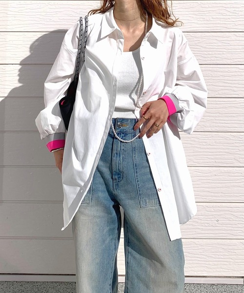 Q（キュー）の「ヨークリブドッキングシャツ（シャツ/ブラウス・レディース・ライトブルー/ホワイト/グレー/ホワイト系・MEDIUM）」の10枚目の写真