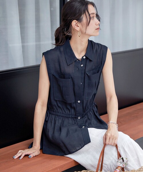 SHIPS for women / シップスウィメン 〈手洗い可能〉IMPERIAL LINEN Wポケット ノースリーブ シャツ セール】〈手洗い可能〉IMPERIAL LINEN Wポケット ノースリーブ