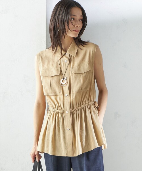SHIPS for women / シップスウィメン 〈手洗い可能〉IMPERIAL LINEN Wポケット ノースリーブ シャツ セール】〈手洗い可能〉IMPERIAL LINEN Wポケット ノースリーブ