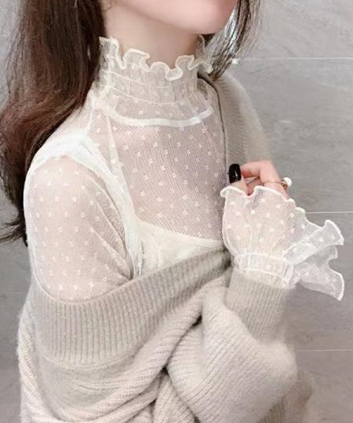 Per sist ence(パーシエンス)の「シースルーフレアスリーブドットカットソー(Tシャツ/カットソー・レディース・ベージュ/ホワイト/ブラック・FREE)」の8枚目の写真