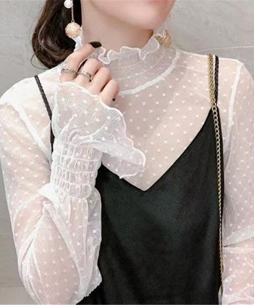 Per sist ence(パーシエンス)の「シースルーフレアスリーブドットカットソー(Tシャツ/カットソー・レディース・ベージュ/ホワイト/ブラック・FREE)」の5枚目の写真