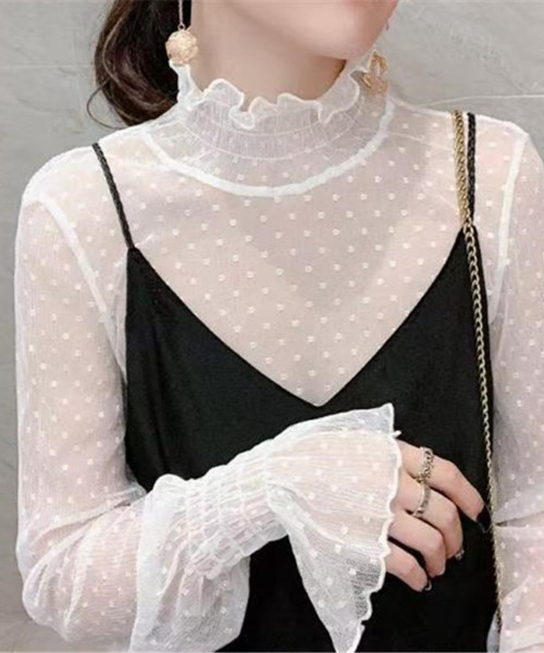 Per sist ence(パーシエンス)の「シースルーフレアスリーブドットカットソー(Tシャツ/カットソー・レディース・ベージュ/ホワイト/ブラック・FREE)」の6枚目の写真