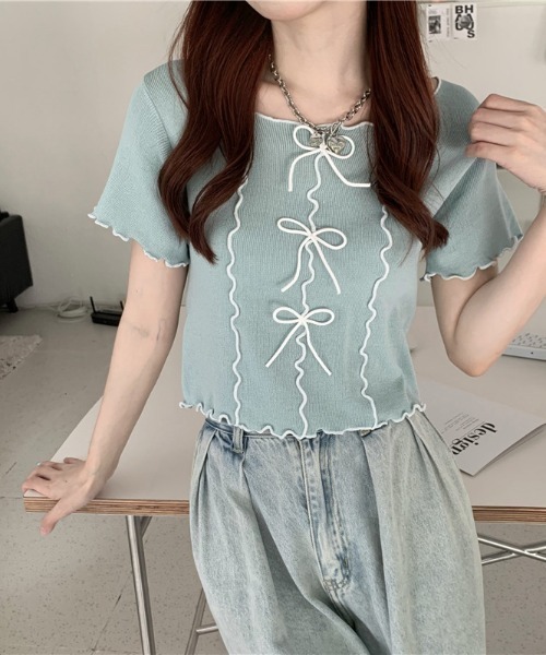 Teem Store(チームストア)の「リボン付きパイピングメロウ サマーニット トップス(ニット/セーター・レディース・イエロー/ホワイト/ピンク/ブラック/ブルー・F)」の3枚目の写真