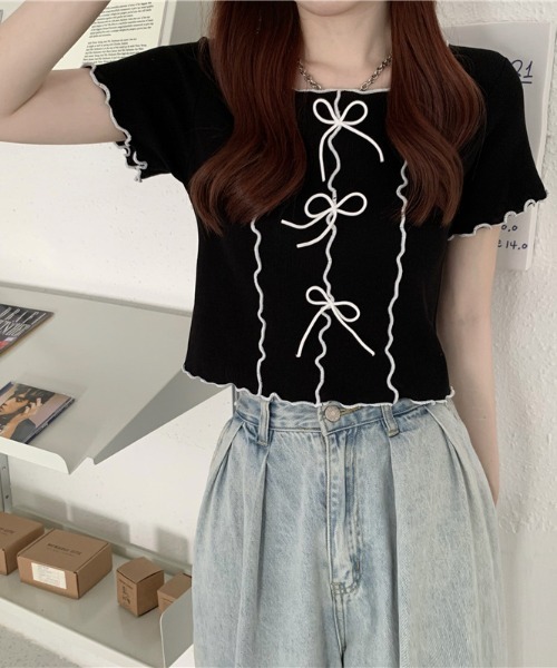 Teem Store(チームストア)の「リボン付きパイピングメロウ サマーニット トップス(ニット/セーター・レディース・イエロー/ホワイト/ピンク/ブラック/ブルー・F)」の2枚目の写真