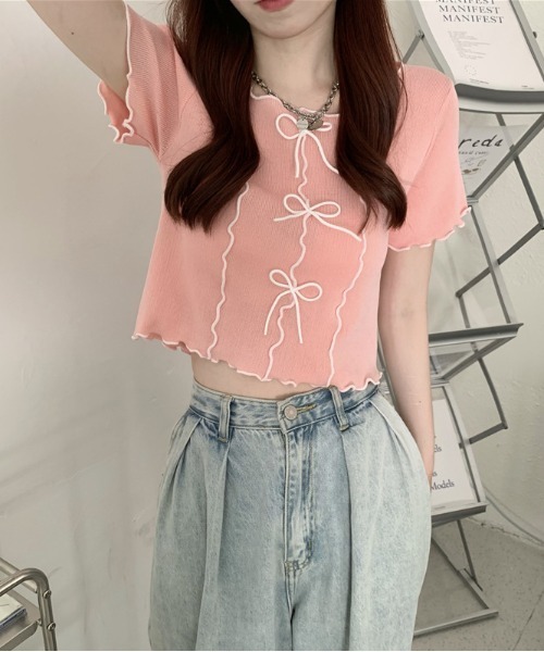 Teem Store(チームストア)の「リボン付きパイピングメロウ サマーニット トップス(ニット/セーター・レディース・イエロー/ホワイト/ピンク/ブラック/ブルー・F)」の10枚目の写真