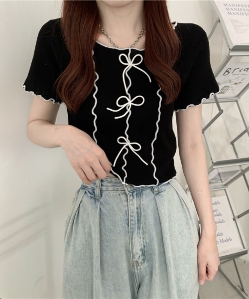 Teem Store(チームストア)の「リボン付きパイピングメロウ サマーニット トップス(ニット/セーター・レディース・イエロー/ホワイト/ピンク/ブラック/ブルー・F)」の12枚目の写真