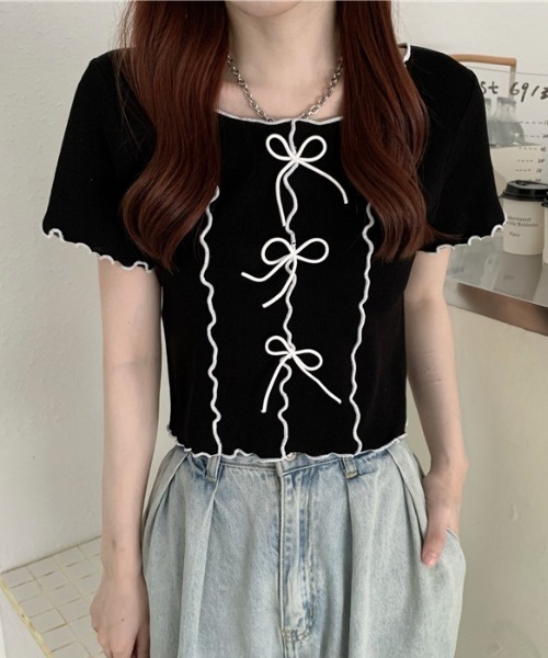 Teem Store(チームストア)の「リボン付きパイピングメロウ サマーニット トップス(ニット/セーター・レディース・イエロー/ホワイト/ピンク/ブラック/ブルー・F)」の13枚目の写真
